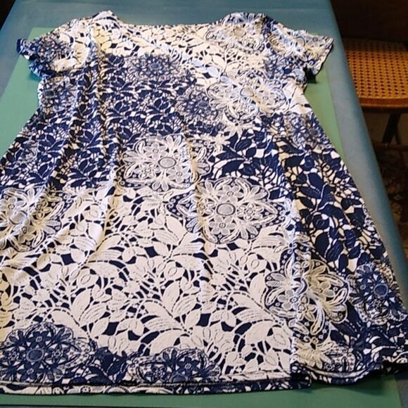 MSK Women's 2XL Blue and White Floral Design Short Sleeve Midi Dress - Picture 6 of 6